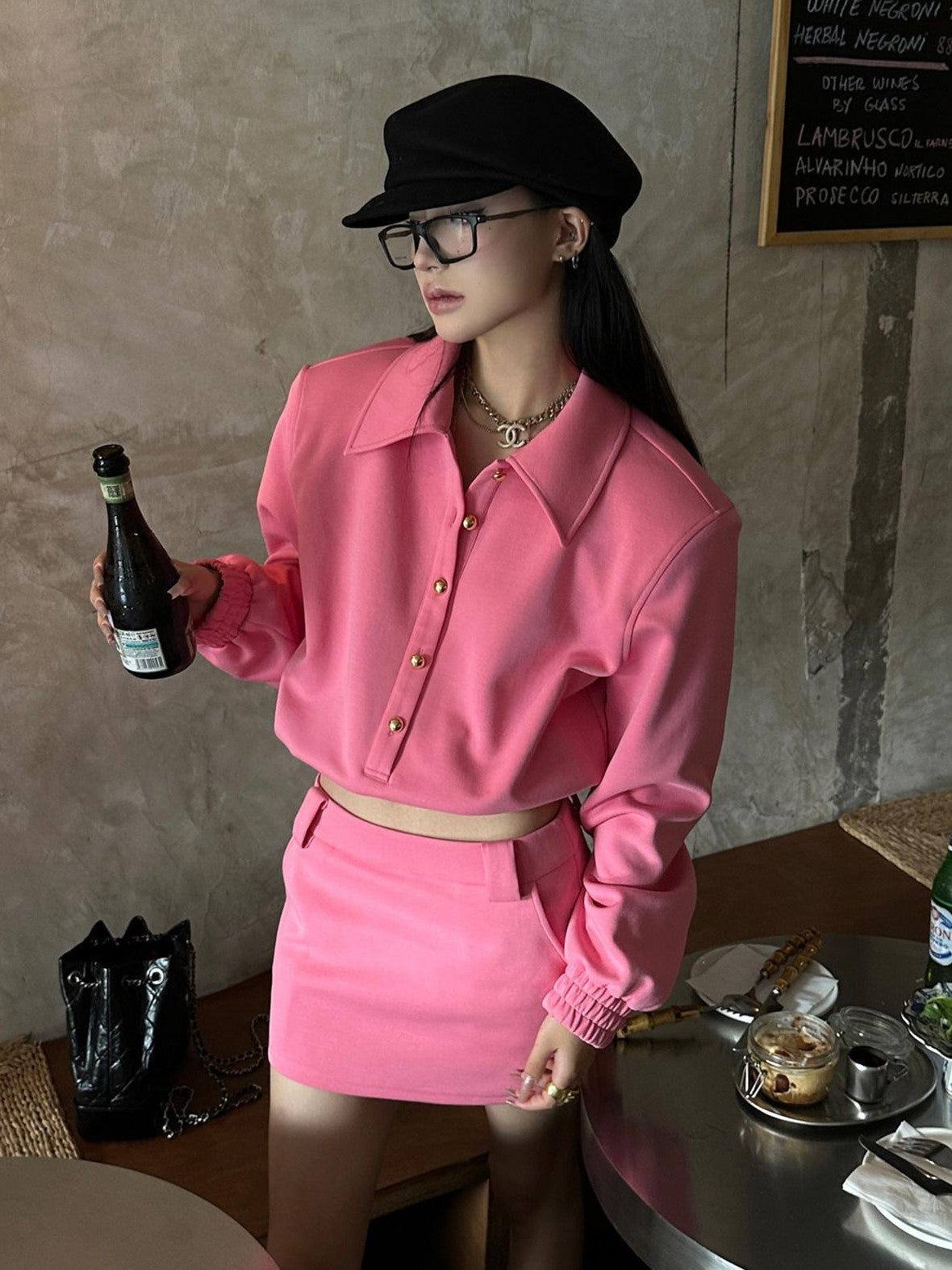 Fanptntox Pink Padded Shoulder Pullover Short Skirt Women's Cotton Matching Skirt Sets