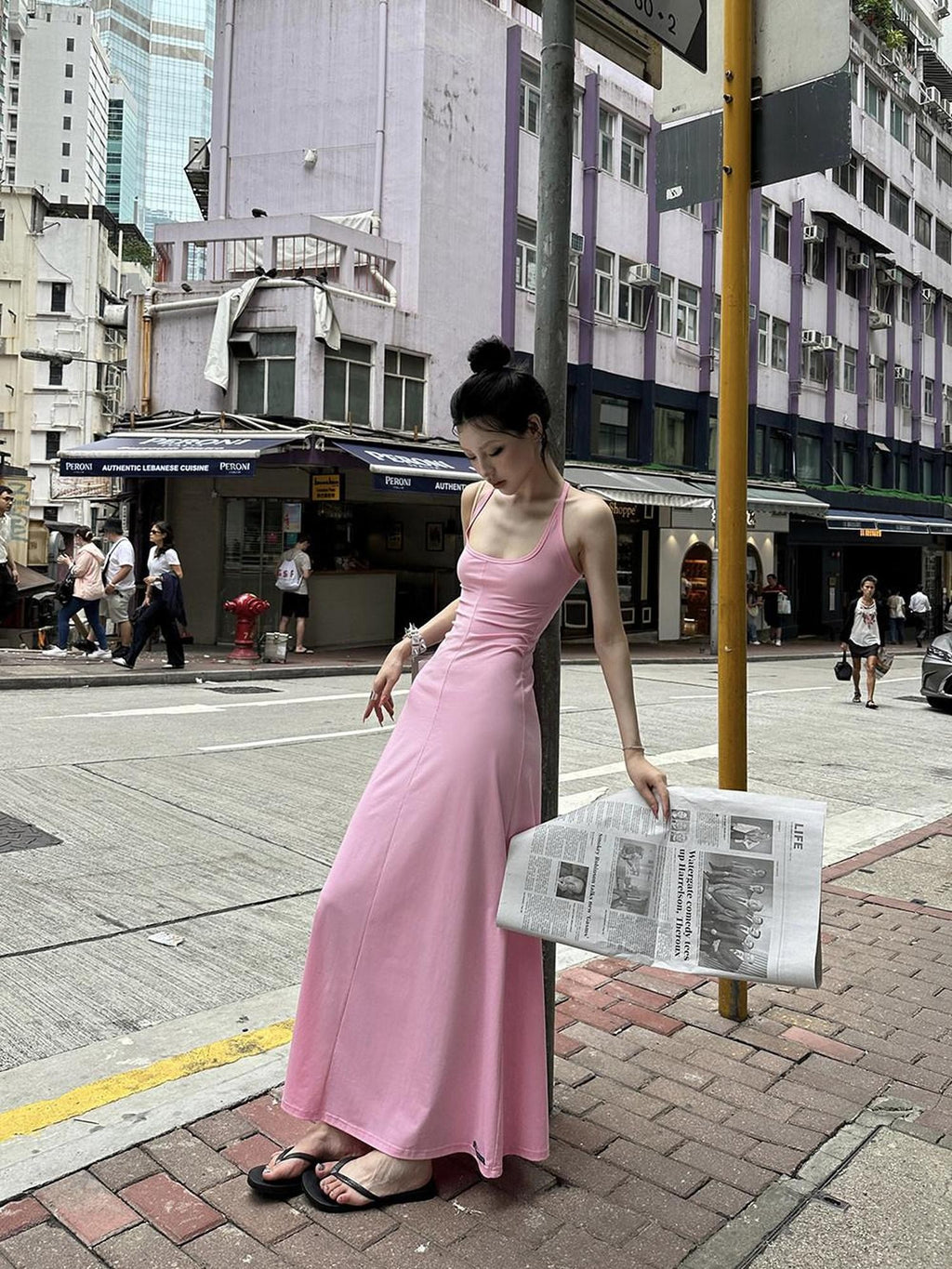 Fanptntox Pink U Neck Spaghetti Strap Slim Fit Women's Other Fabric Slip Maxi Dresses