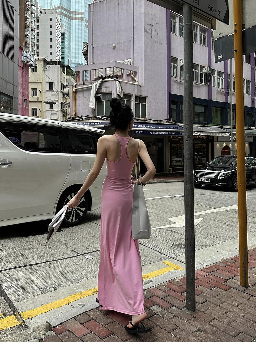 Fanptntox Pink U Neck Spaghetti Strap Slim Fit Women's Other Fabric Slip Maxi Dresses