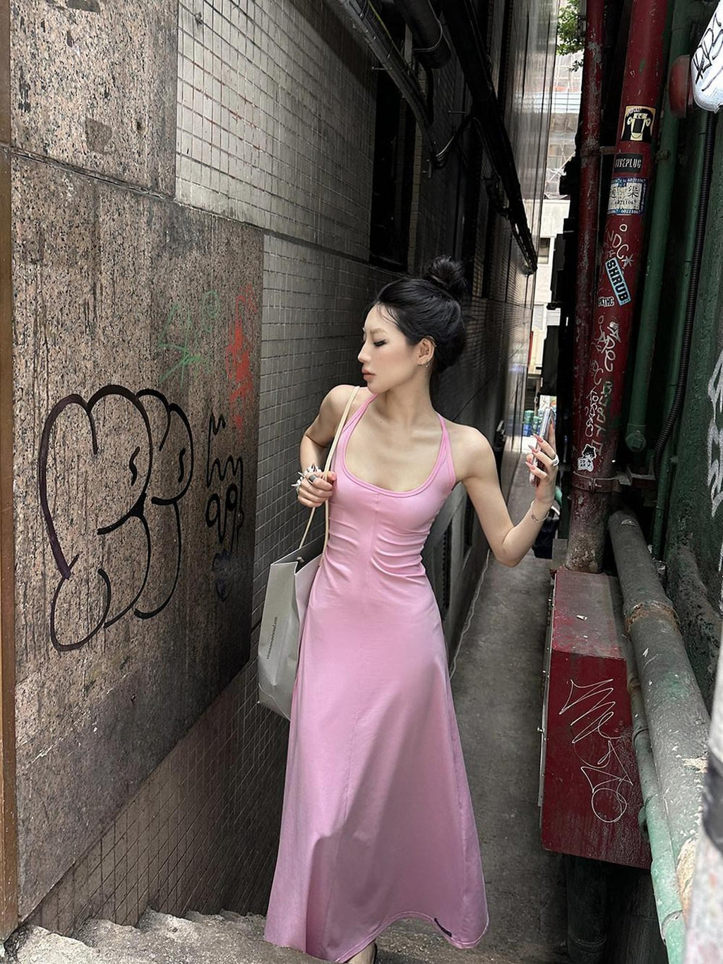 Fanptntox Pink U Neck Spaghetti Strap Slim Fit Women's Other Fabric Slip Maxi Dresses