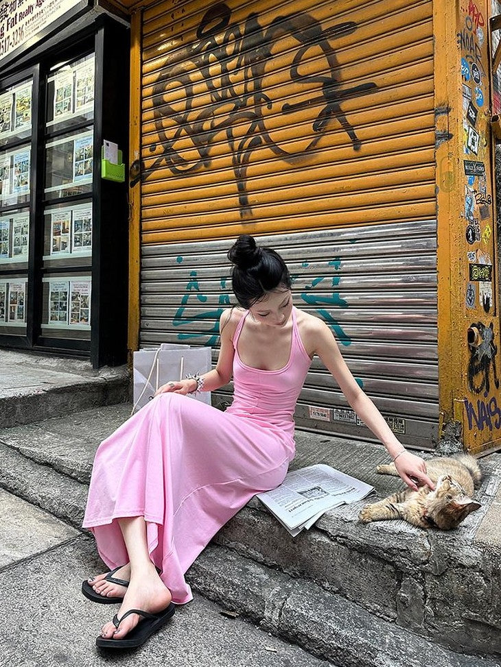 Fanptntox Pink U Neck Spaghetti Strap Slim Fit Women's Other Fabric Slip Maxi Dresses