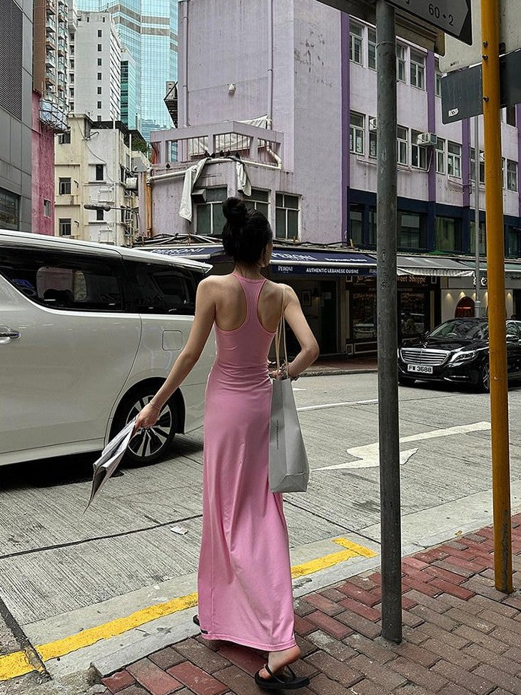 Fanptntox Pink U Neck Spaghetti Strap Slim Fit Women's Other Fabric Slip Maxi Dresses