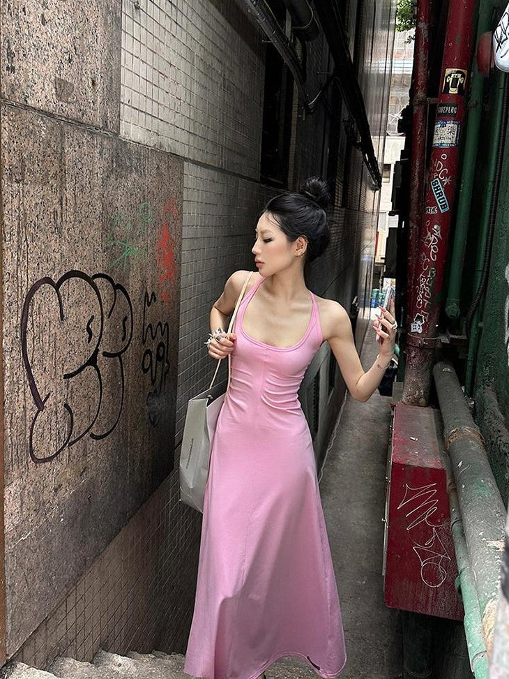 Fanptntox Pink U Neck Spaghetti Strap Slim Fit Women's Other Fabric Slip Maxi Dresses