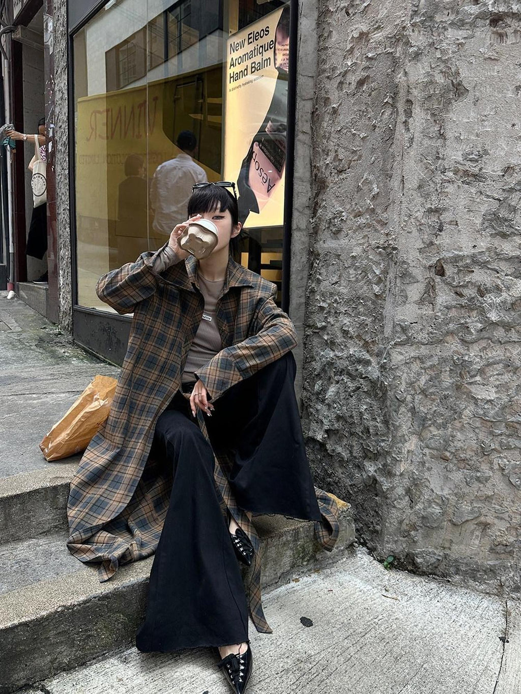 Fanptntox Plaid Padded Shoulder Oversized Shirt Silhouette Women's Long Coats