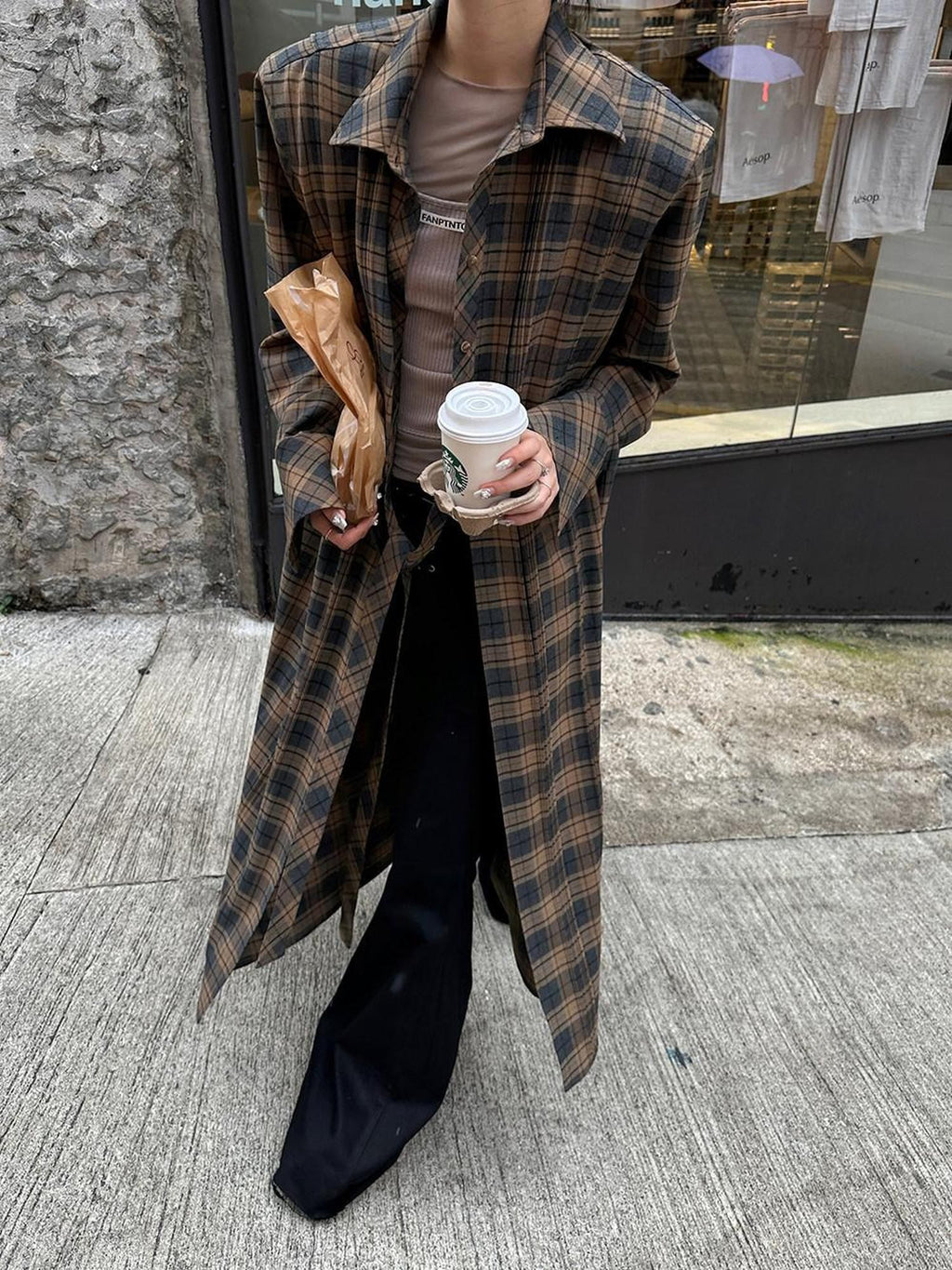 Fanptntox Plaid Padded Shoulder Oversized Shirt Silhouette Women's Long Coats