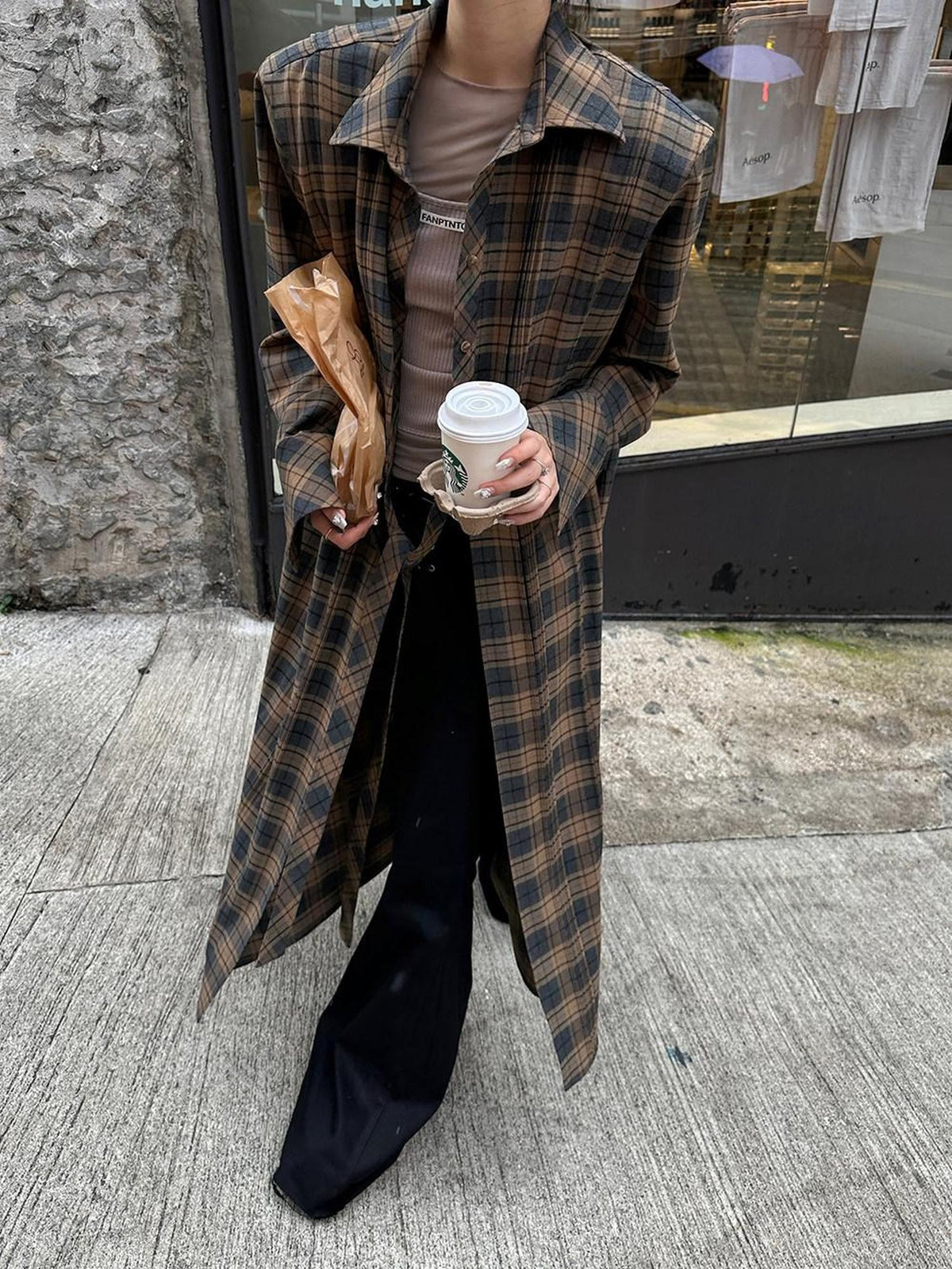 Fanptntox Plaid Padded Shoulder Oversized Shirt Silhouette Women's Long Coats