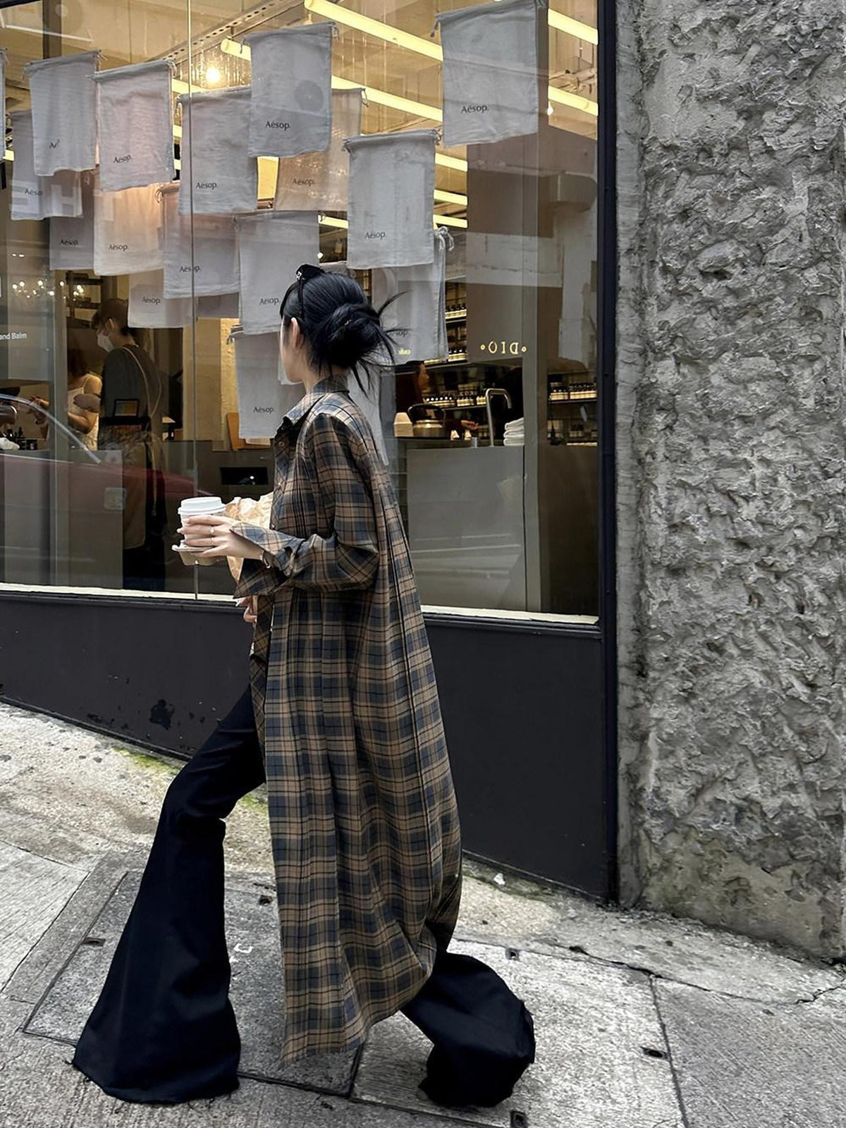 Fanptntox Plaid Padded Shoulder Oversized Shirt Silhouette Women's Long Coats