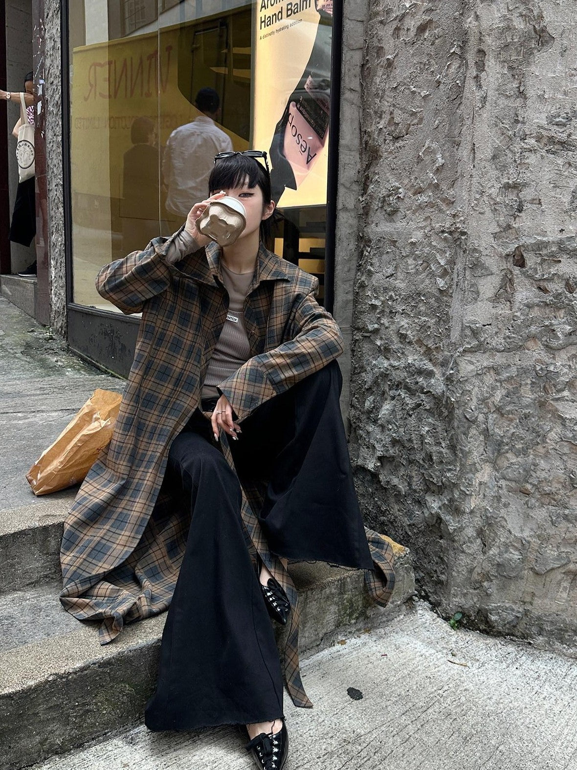 Fanptntox Plaid Padded Shoulder Oversized Shirt Silhouette Women's Long Coats