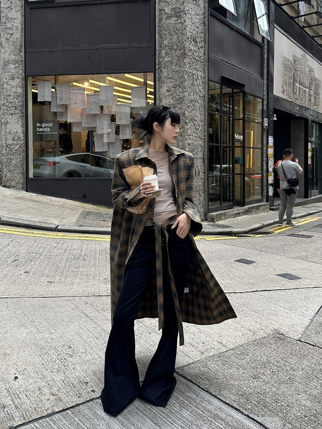 Fanptntox Plaid Padded Shoulder Oversized Shirt Silhouette Women's Long Coats