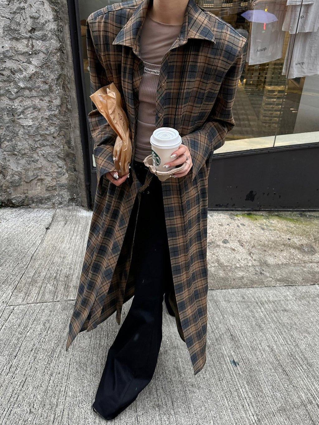 Fanptntox Plaid Padded Shoulder Oversized Shirt Silhouette Women's Long Coats