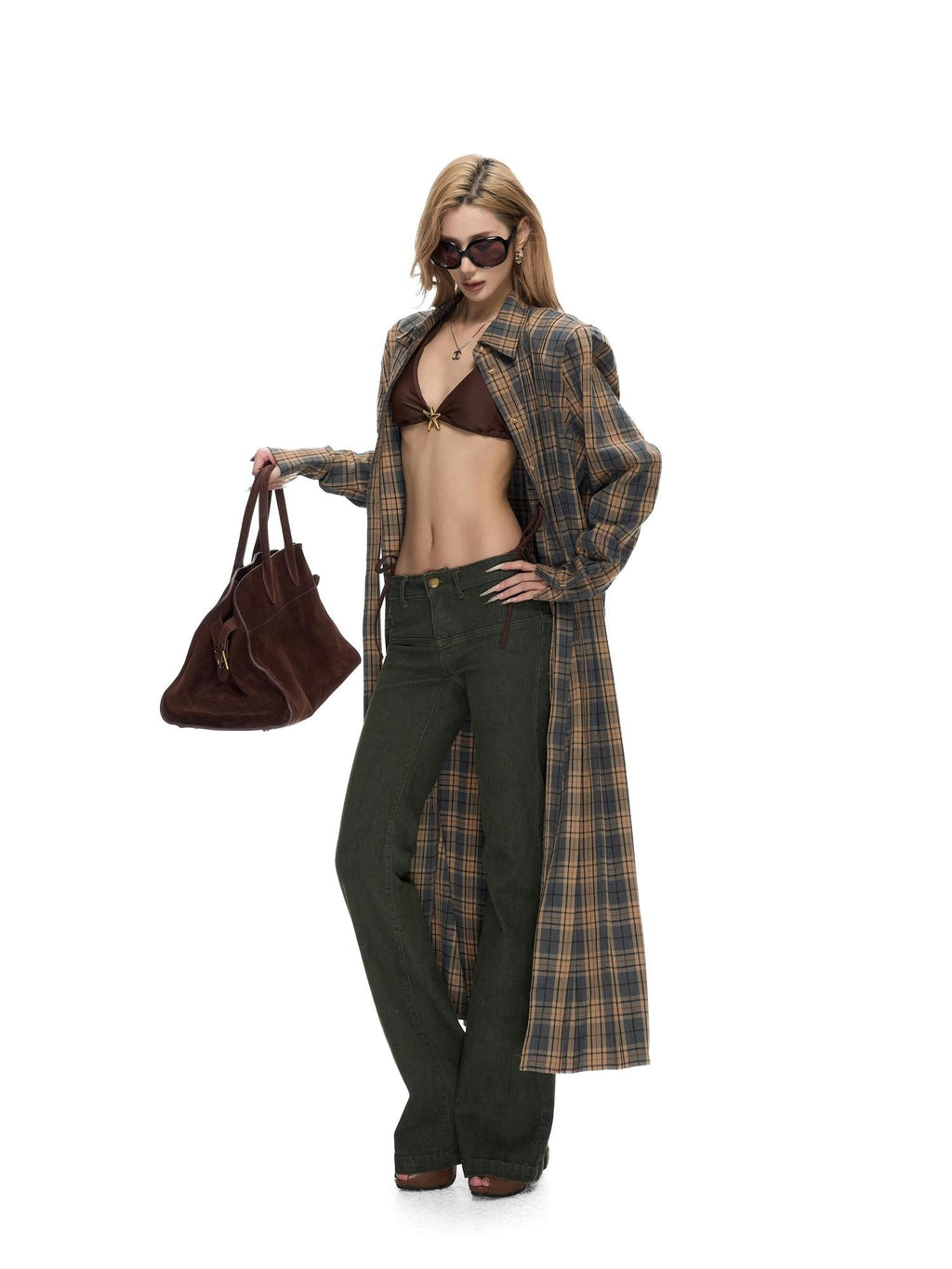 Fanptntox Plaid Padded Shoulder Structured Silhouette Women's Polyester Long Coats