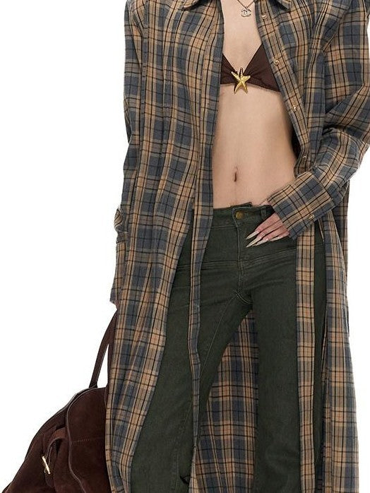 Fanptntox Plaid Padded Shoulder Structured Silhouette Women's Polyester Long Coats