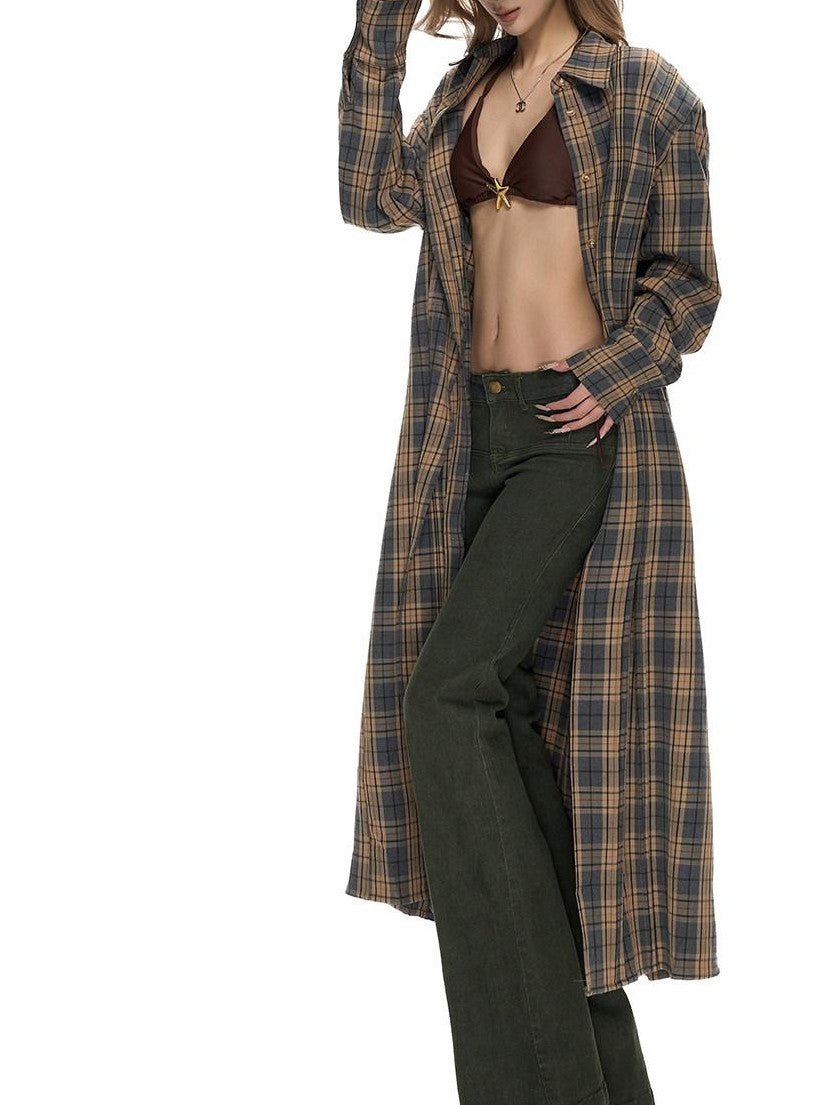 Fanptntox Plaid Padded Shoulder Structured Silhouette Women's Polyester Long Coats