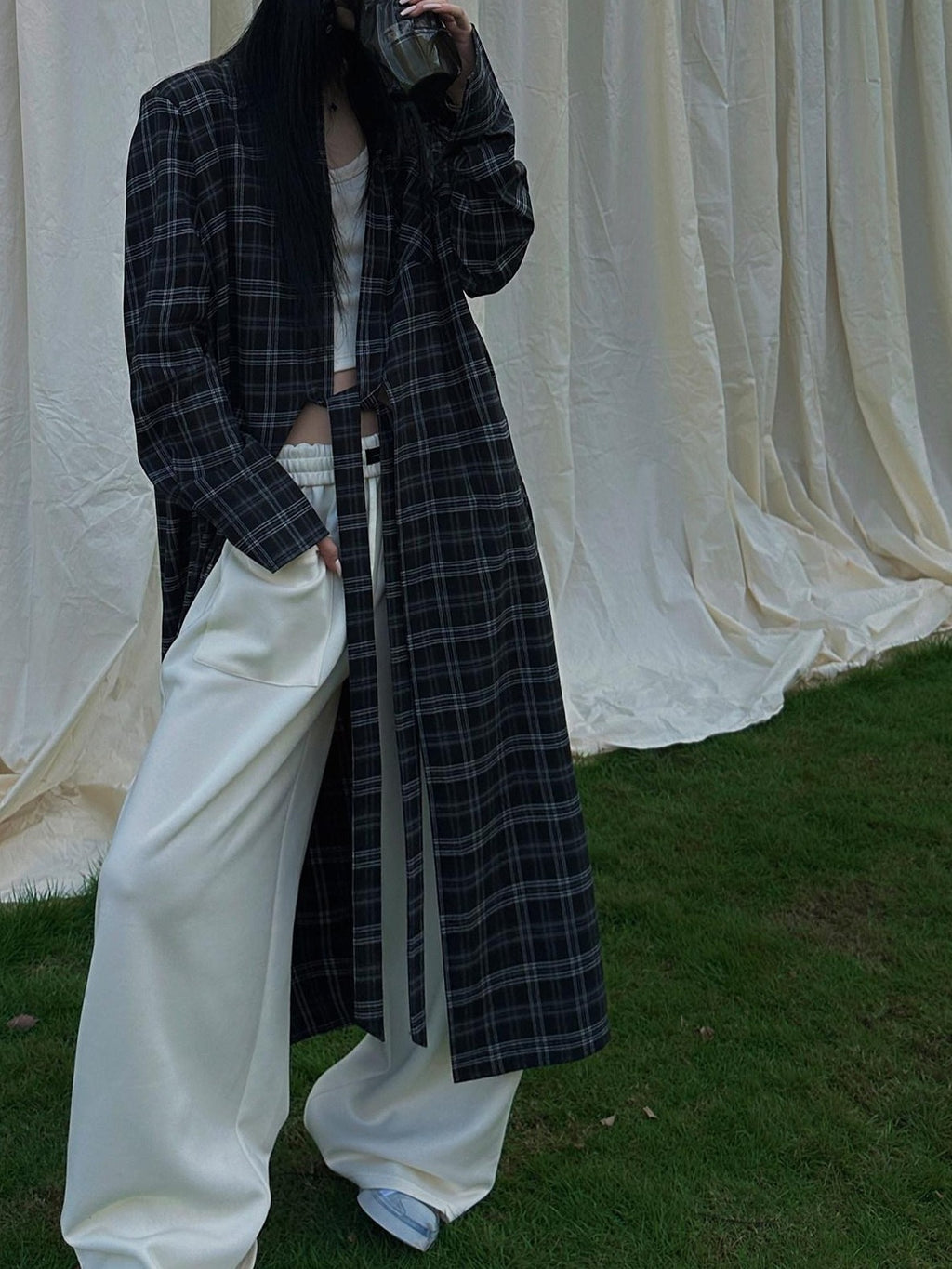 Fanptntox Plaid Tie Front Blazer Collar Women's Other Fabric Longline Loose Tunic Blouses