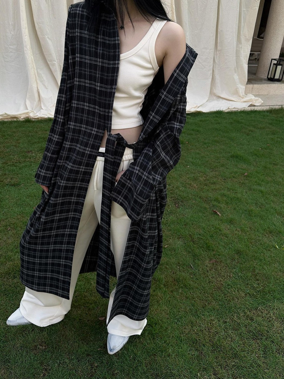 Fanptntox Plaid Tie Front Blazer Collar Women's Other Fabric Longline Loose Tunic Blouses