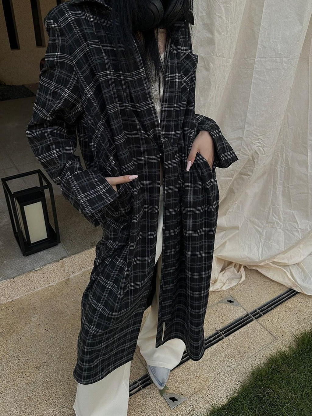 Fanptntox Plaid Tie Front Blazer Collar Women's Other Fabric Longline Loose Tunic Blouses