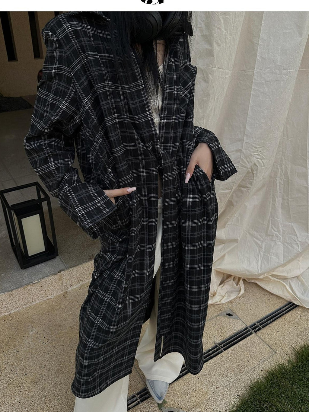 Fanptntox Plaid Tie Front Blazer Collar Women's Other Fabric Longline Loose Tunic Blouses