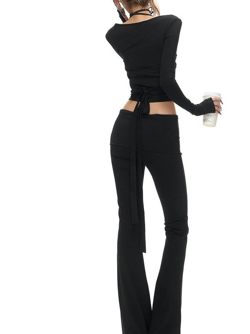 Fanptntox Polka Dot Cross Tie Cardigan High Waist Flare Women's Knit Tracksuit Sets