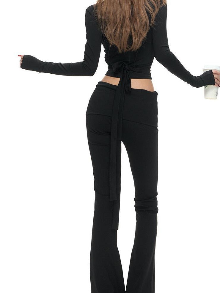 Fanptntox Polka Dot Cross Tie Cardigan High Waist Flare Women's Knit Tracksuit Sets