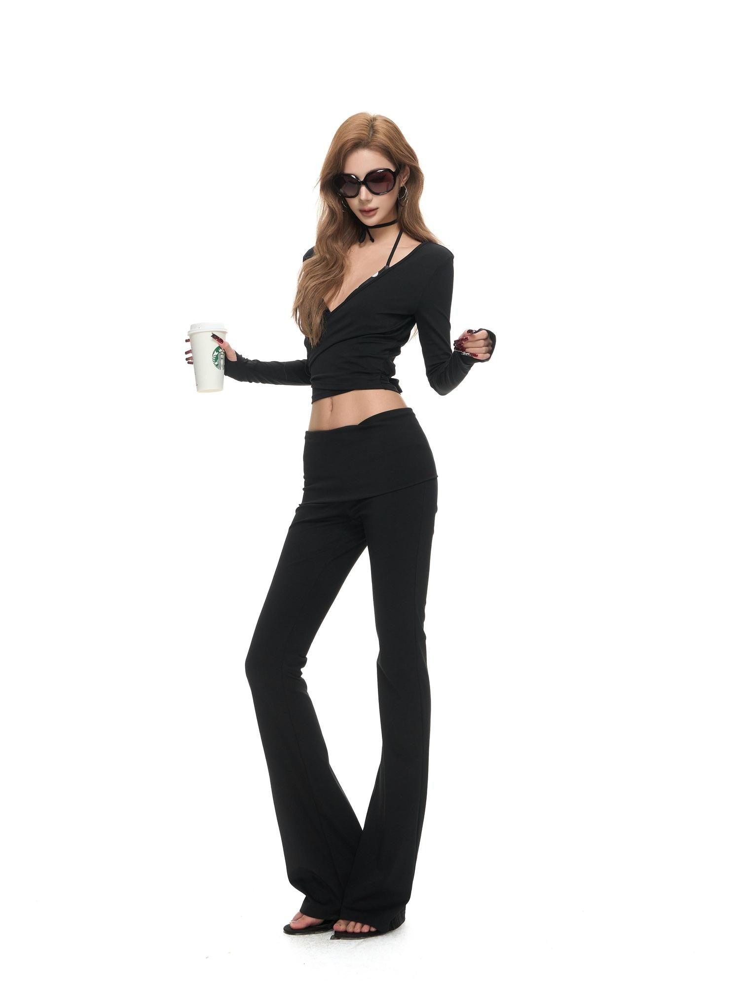 Fanptntox Polka Dot Cross Tie Cardigan High Waist Flare Women's Knit Tracksuit Sets