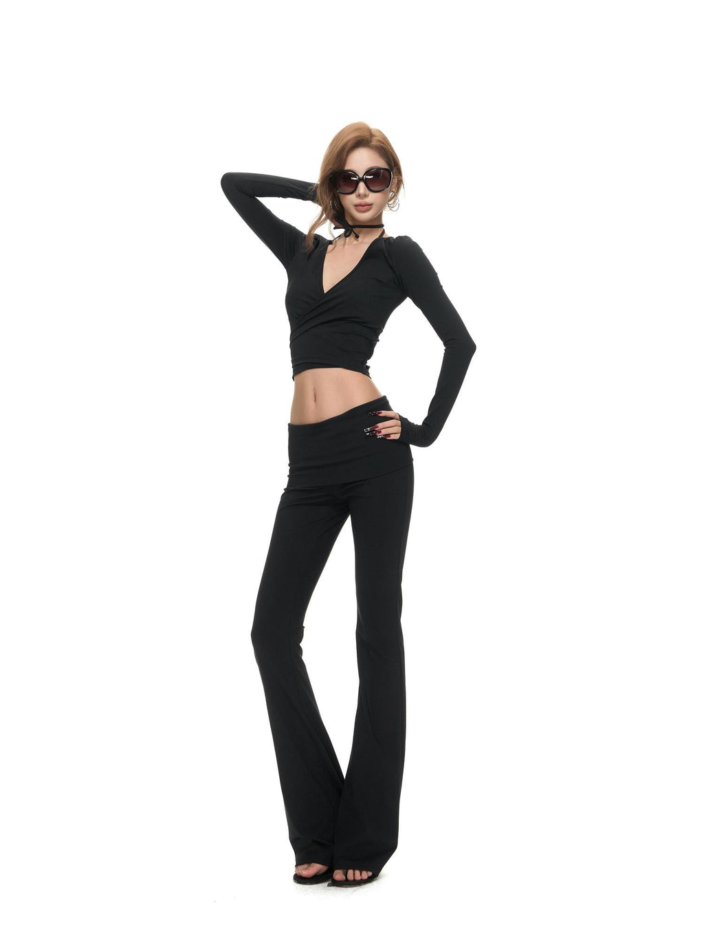 Fanptntox Polka Dot Cross Tie Cardigan High Waist Flare Women's Knit Tracksuit Sets