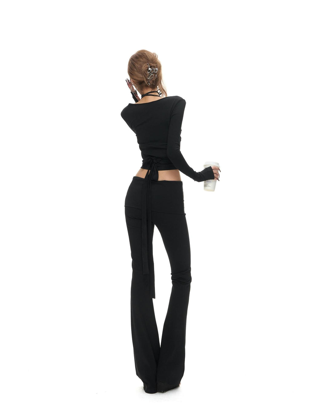 Fanptntox Polka Dot Cross Tie Cardigan High Waist Flare Women's Knit Tracksuit Sets