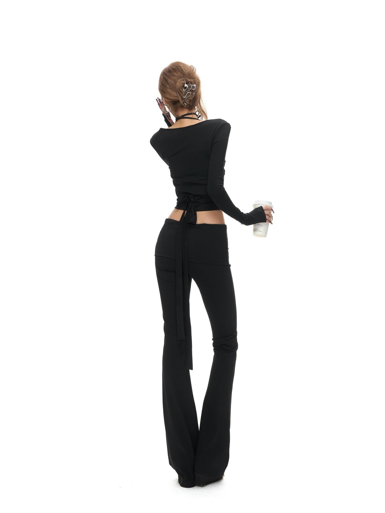 Fanptntox Polka Dot Cross Tie Cardigan High Waist Flare Women's Knit Tracksuit Sets