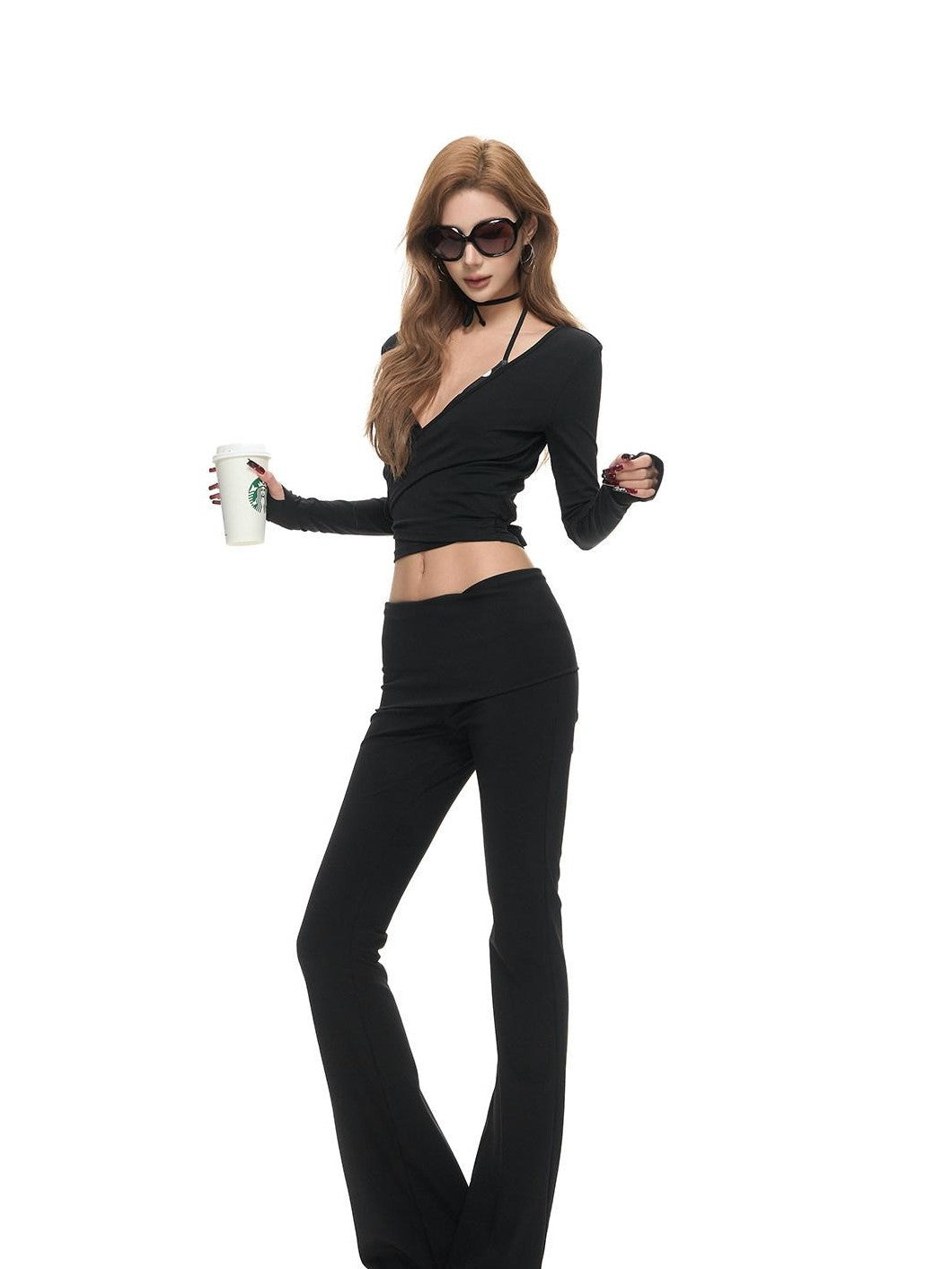 Fanptntox Polka Dot Cross Tie Cardigan High Waist Flare Women's Knit Tracksuit Sets