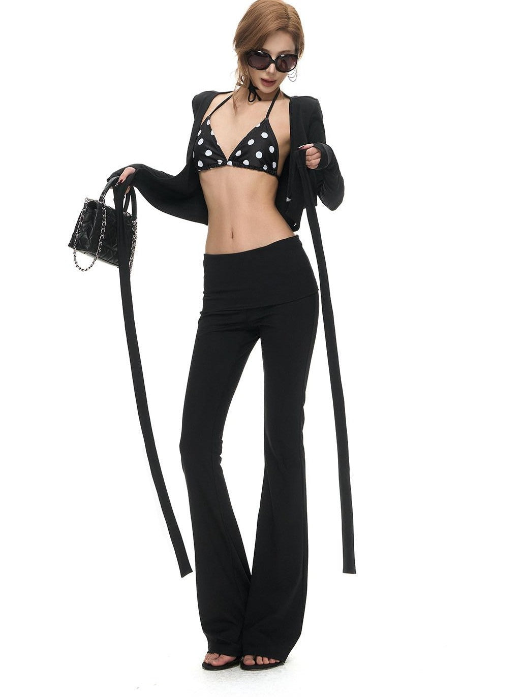 Fanptntox Polka Dot Cross Tie Cardigan High Waist Flare Women's Knit Tracksuit Sets