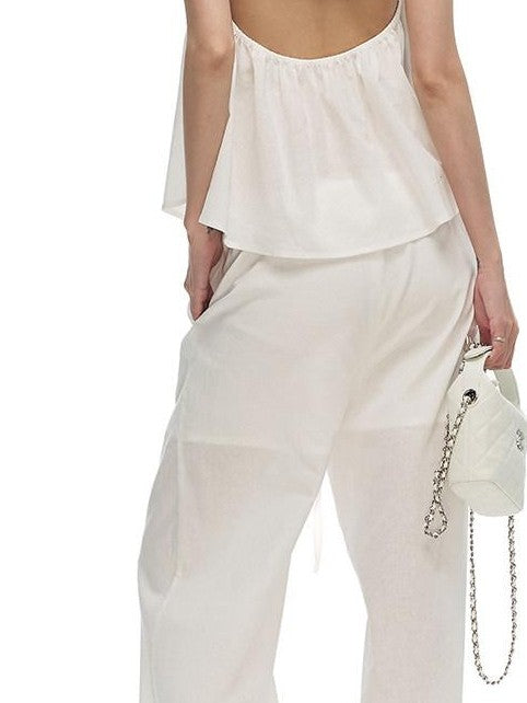 Fanptntox Pure White Fitted Bustier Wide Leg Women's Cotton Ramie Casual Top & Pants Sets