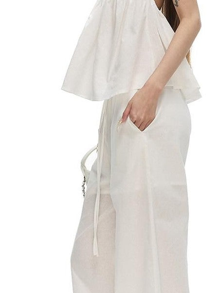Fanptntox Pure White Fitted Bustier Wide Leg Women's Cotton Ramie Casual Top & Pants Sets