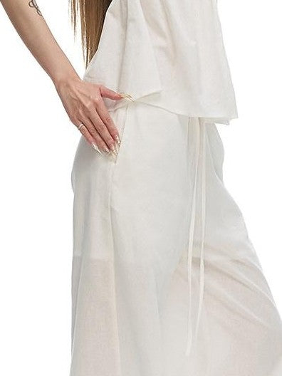 Fanptntox Pure White Fitted Bustier Wide Leg Women's Cotton Ramie Casual Top & Pants Sets