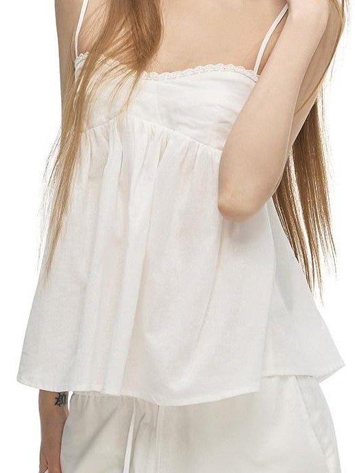Fanptntox Pure White Fitted Bustier Wide Leg Women's Cotton Ramie Casual Top & Pants Sets