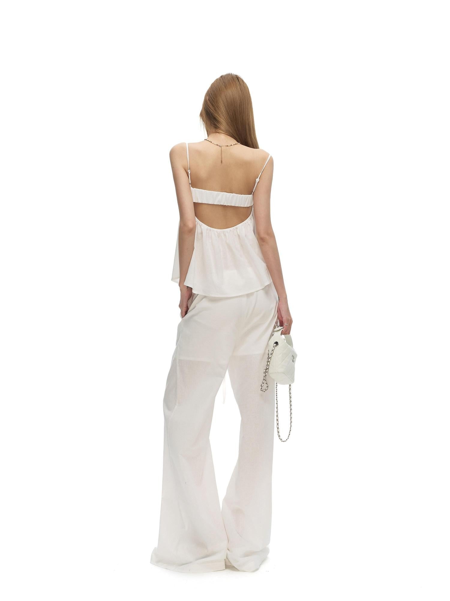Fanptntox Pure White Fitted Bustier Wide Leg Women's Cotton Ramie Casual Top & Pants Sets