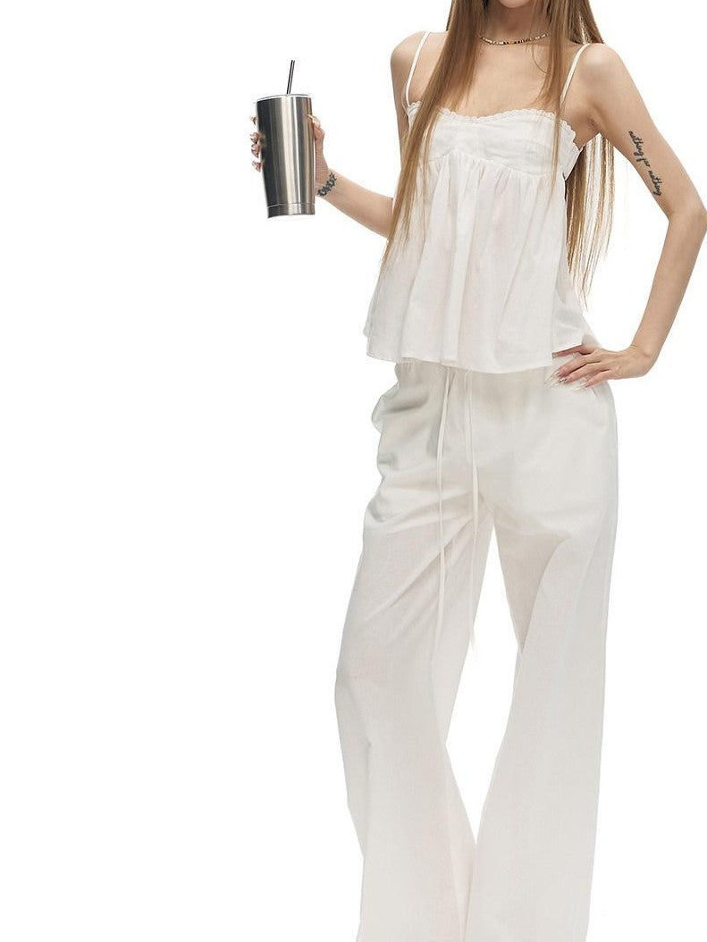 Fanptntox Pure White Fitted Bustier Wide Leg Women's Cotton Ramie Casual Top & Pants Sets