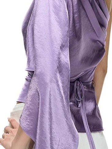 Fanptntox Purple One Shoulder Pleated Dropped Shoulder Women's Satin Asymmetric T-shirts