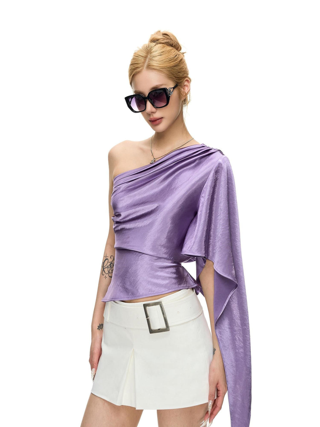 Fanptntox Purple One Shoulder Pleated Dropped Shoulder Women's Satin Asymmetric T-shirts
