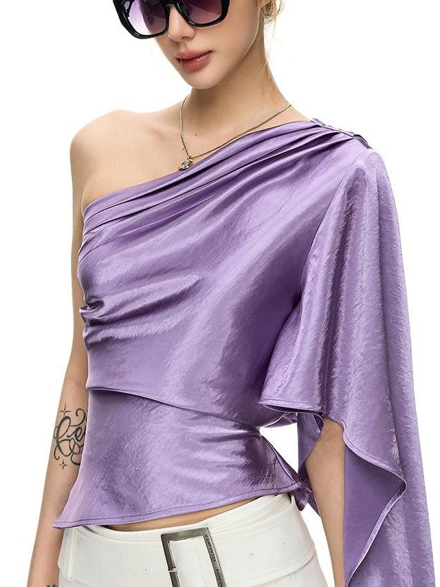 Fanptntox Purple One Shoulder Pleated Dropped Shoulder Women's Satin Asymmetric T-shirts