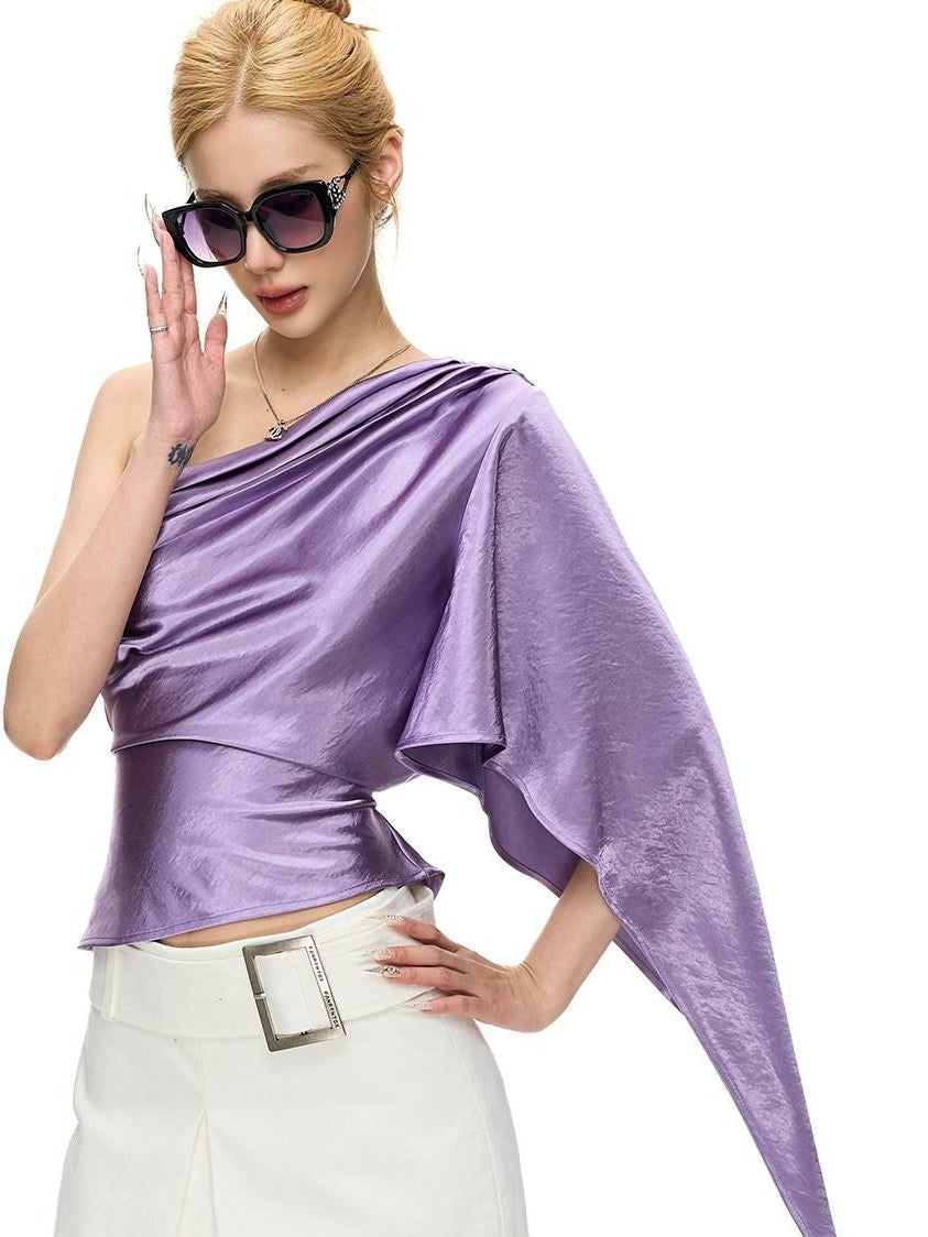 Fanptntox Purple One Shoulder Pleated Dropped Shoulder Women's Satin Asymmetric T-shirts