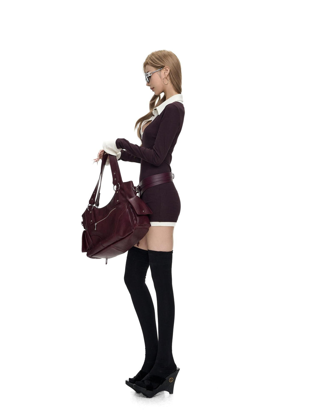 Fanptntox Purple Ribbed Shirt Collar Faux Two Piece Women's Knit Bodycon Mini Dresses