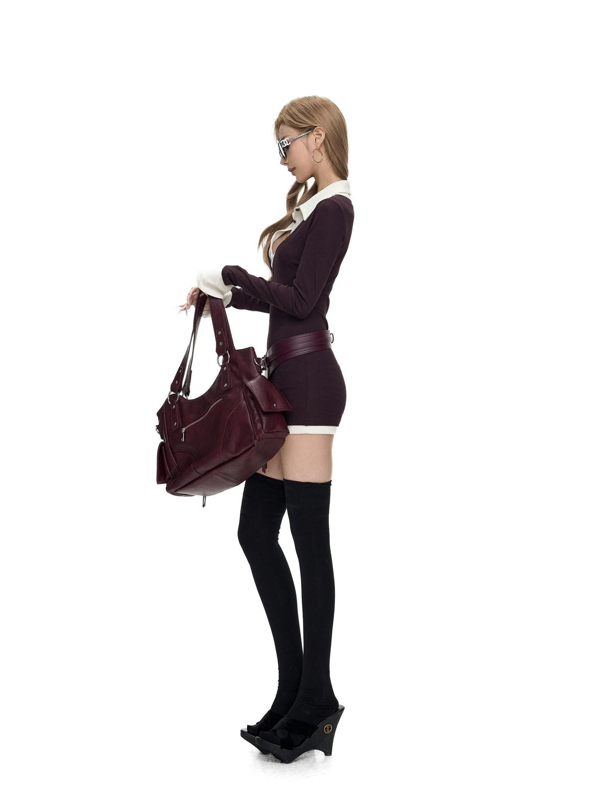 Fanptntox Purple Ribbed Shirt Collar Faux Two Piece Women's Knit Bodycon Mini Dresses