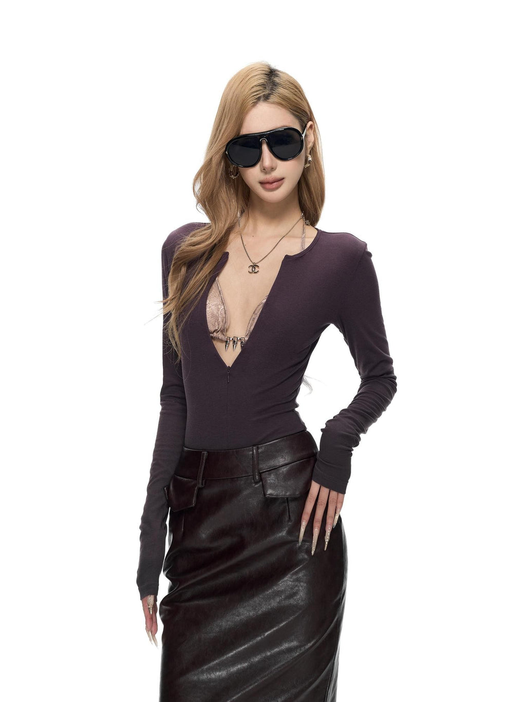 Fanptntox Purple Round Neck Zipper Waist Shaping Knitted Women's Long Sleeve Bodysuits