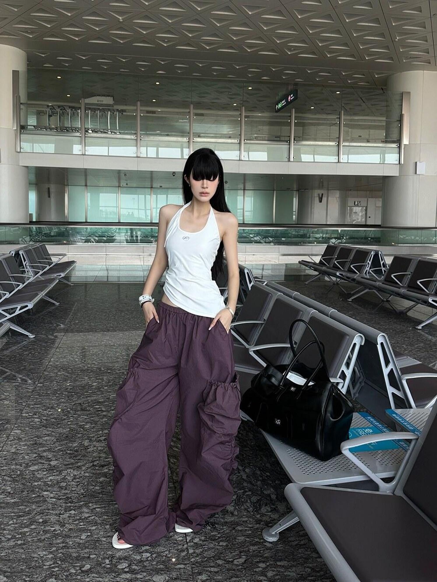 Fanptntox Purple Ruched Asymmetrical Cargo Low Waist Women's Other Wide-leg Pants