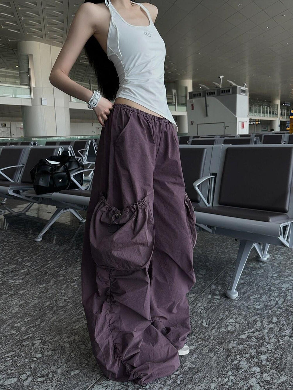 Fanptntox Purple Ruched Asymmetrical Cargo Low Waist Women's Other Wide-leg Pants