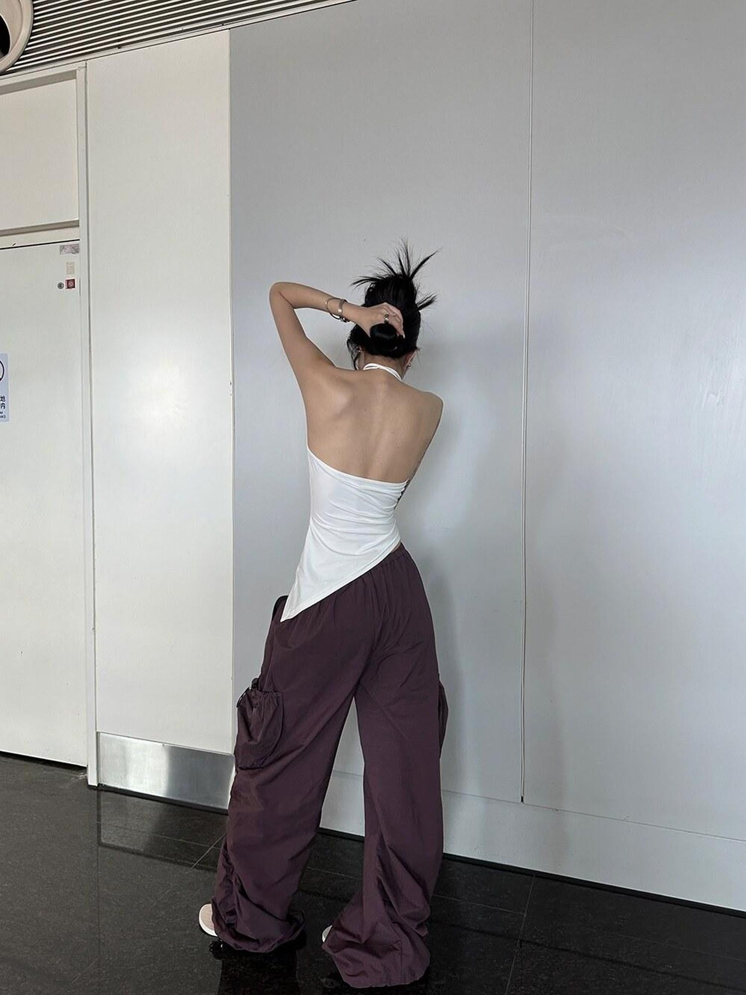 Fanptntox Purple Ruched Asymmetrical Cargo Low Waist Women's Other Wide-leg Pants