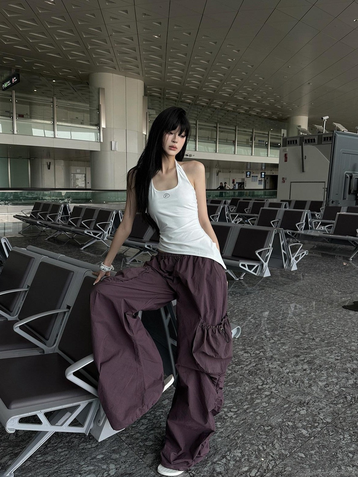 Fanptntox Purple Ruched Asymmetrical Cargo Low Waist Women's Other Wide-leg Pants