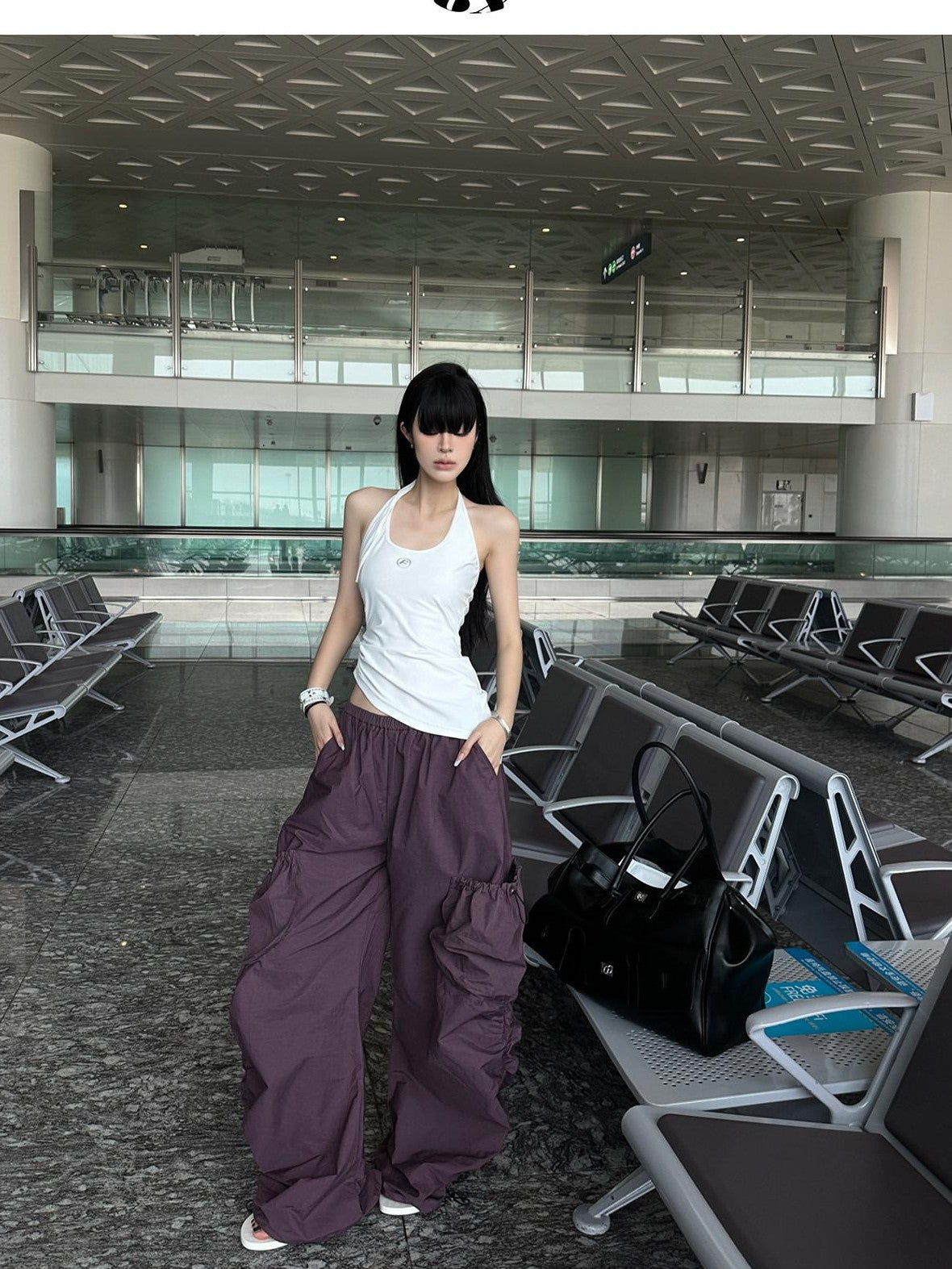 Fanptntox Purple Ruched Asymmetrical Cargo Low Waist Women's Other Wide-leg Pants