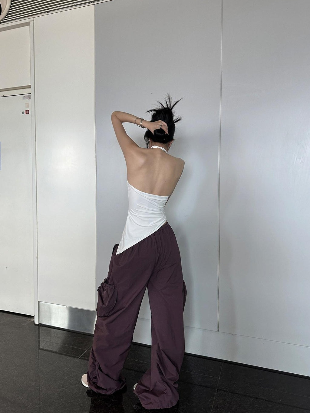Fanptntox Purple Ruched Asymmetrical Cargo Low Waist Women's Other Wide-leg Pants