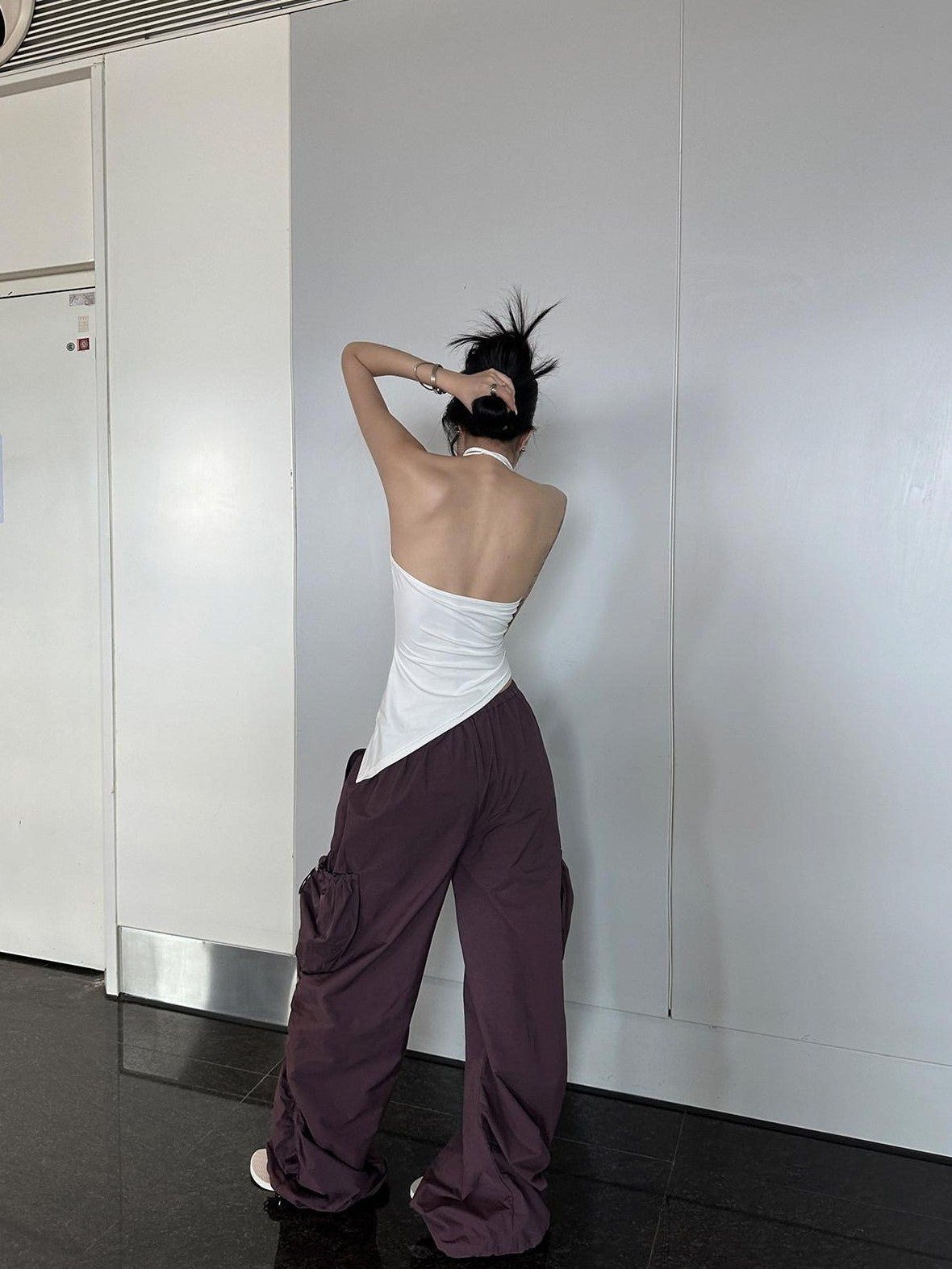 Fanptntox Purple Ruched Asymmetrical Cargo Low Waist Women's Other Wide-leg Pants