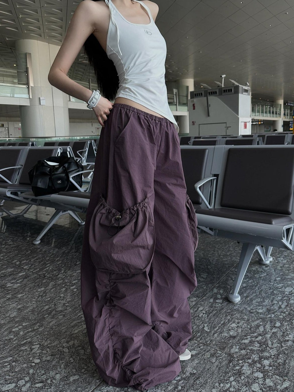 Fanptntox Purple Ruched Asymmetrical Cargo Low Waist Women's Other Wide-leg Pants